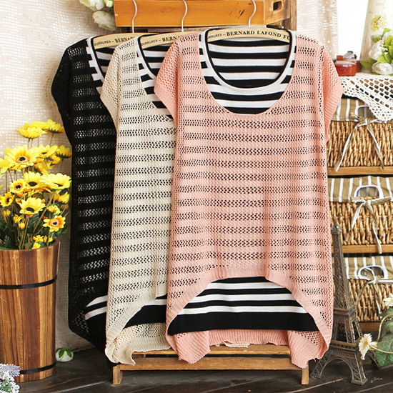 Circular knitted cutout sweep shirt stripe woven vest sweater batwing sleeve loose twinset