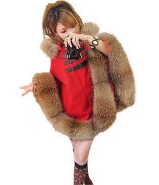 CJ194 WOMEN CAPE PONCHO REAL RACCOON HAIR FUR RED HOODED RED christmas santa