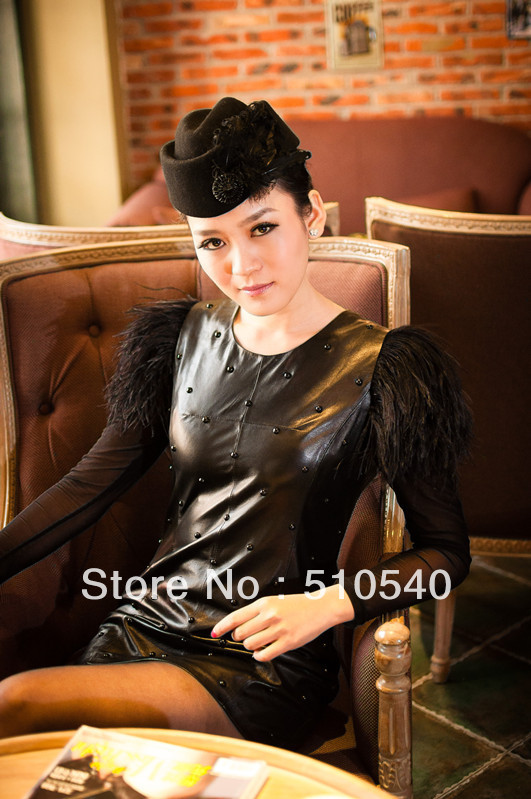 classic 2013 Fashion  Ostrich Plumes Fur &Leather Coat winter outerwear dress women's clothing