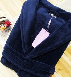 Classic coral fleece thickening lovers male robe bathrobes super soft solid color lounge - navy blue