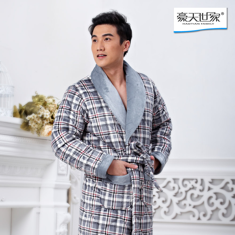 Classic cotton-padded plaid robe thickening winter male sleepwear