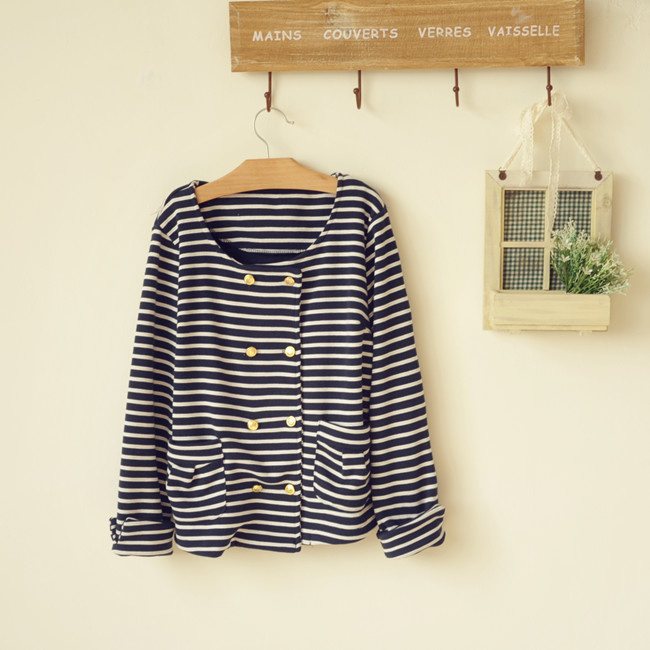 Classic double breasted stripe o-neck short jacket