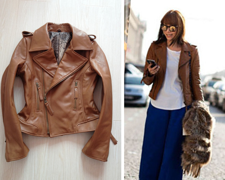 Classic fashion luxury camel genuine leather clothing female 100% sheepskin motorcycle outerwear