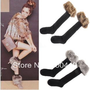 Classic long-haired fur roll up hem autumn and winter sock boot covers socks snow socks knee-high socks set 65g