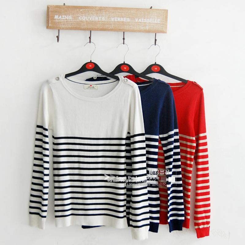 Classic navy style stripe o-neck long-sleeve sweater thin women's spring and autumn