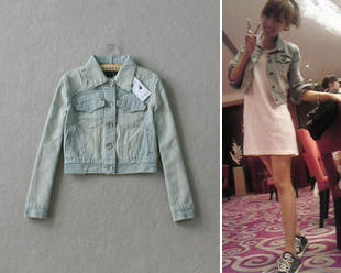 Classic nostalgic color light blue slim all-match personality female denim short jacket b3019