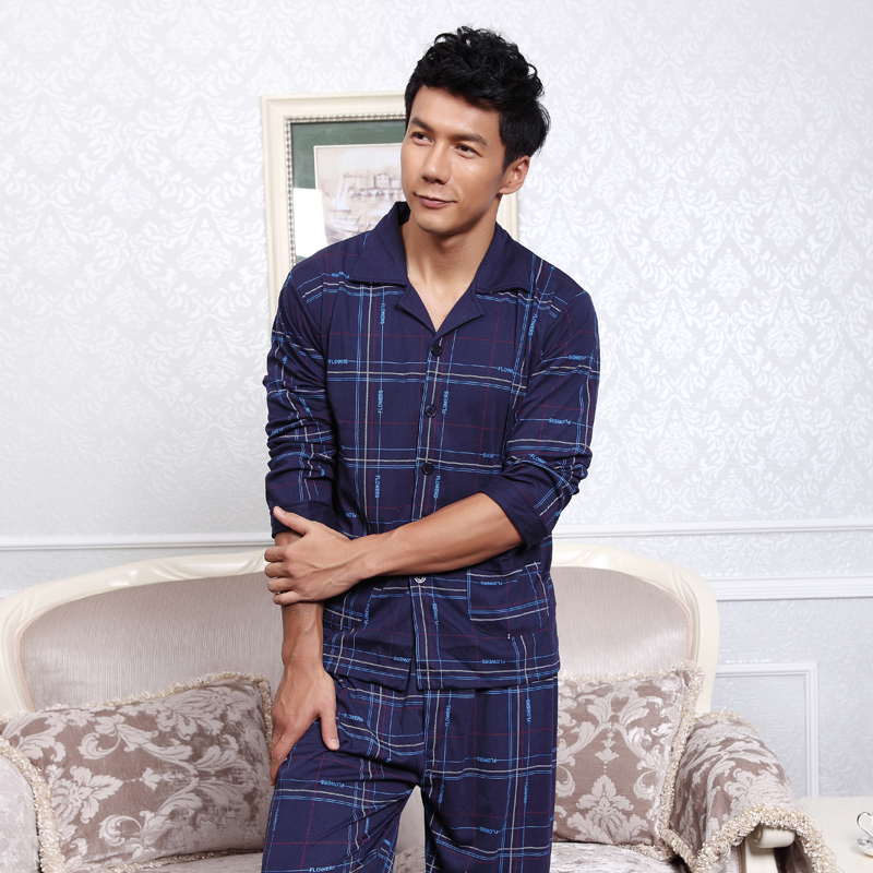 Classic plaid male long-sleeve knitted cotton set lounge sleepwear z238