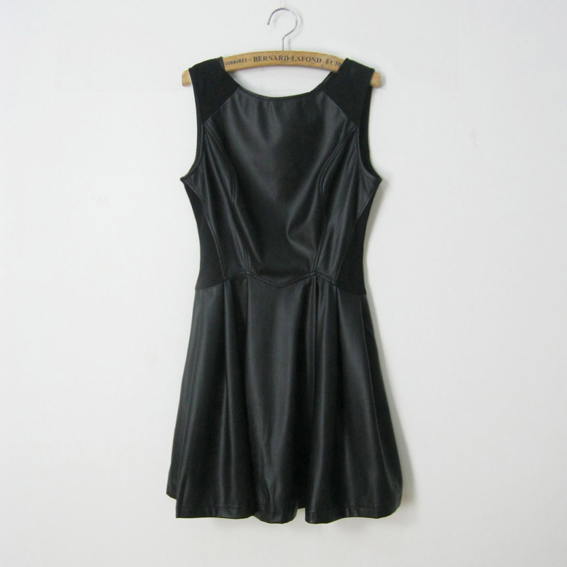 Classic slim mix match black vest expansion of the small bottom leather skirt one-piece dress