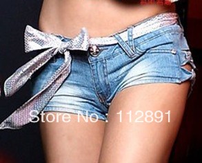 Classical Detailed Women Side Bow Cutout Ripped Super Low Waist Short Jeans Pants   M0024