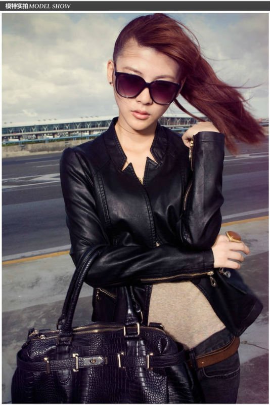 Classical fashion lady buttons of brief paragraph black leather coat+Free shipping