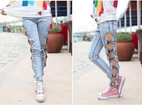 Classical Vintage Detailed Woman Side Bow Cutout Ripped Denim lady's Sexy Jeans Jeggings 8 Color Free Shipping