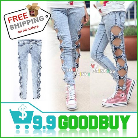 Classical Vintage Detailed Woman Side Bow Cutout Ripped Denim Sexy Women's Jeans Jeggings Trousers,Free Shipping,S,M,L