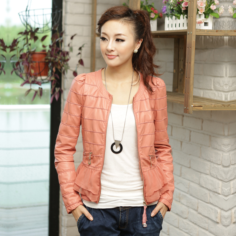 Cloth 2012 women's autumn and winter chiffon patchwork leather clothing female short design slim PU clothing outerwear