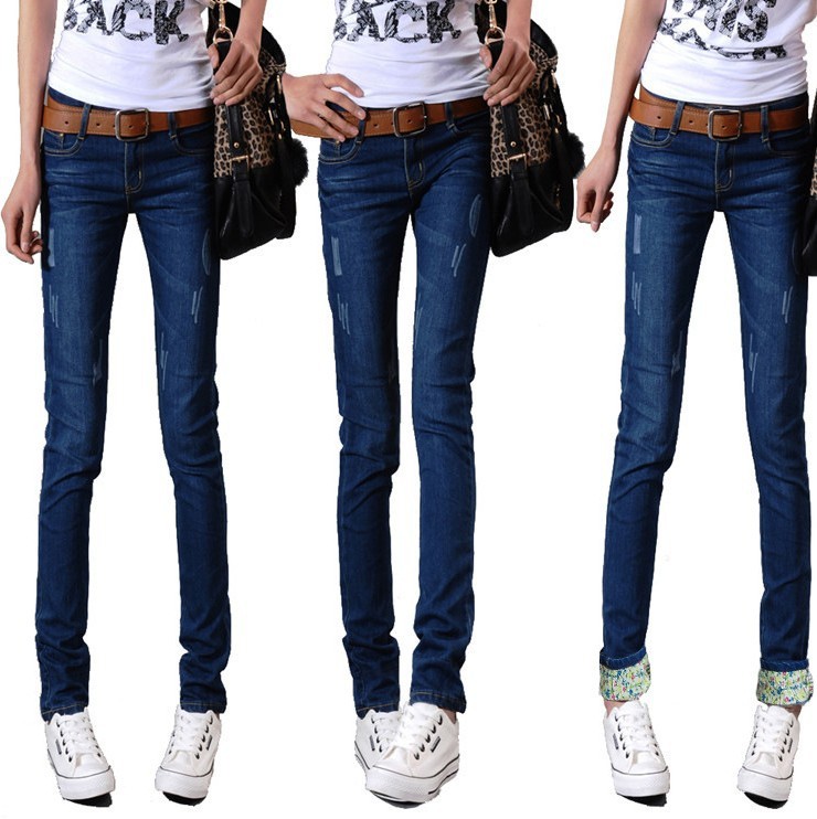 Clothes Floral Fold Bottom Women Blue Jeans Mid Waist Plus Size Distrressed Denim Jean pants