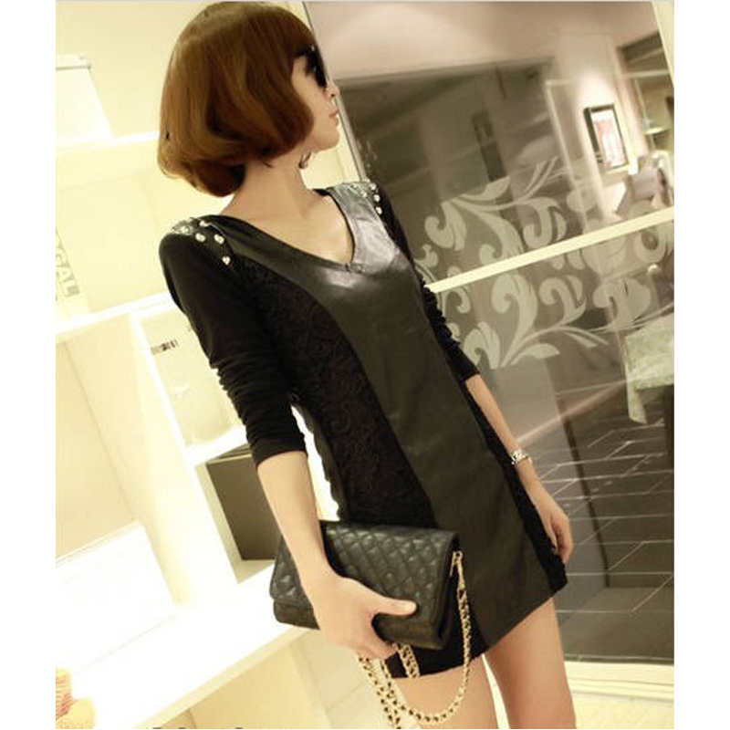 Clothing 2012 autumn and winter fashion slim punk lace patchwork rivet leather long-sleeve one-piece dress