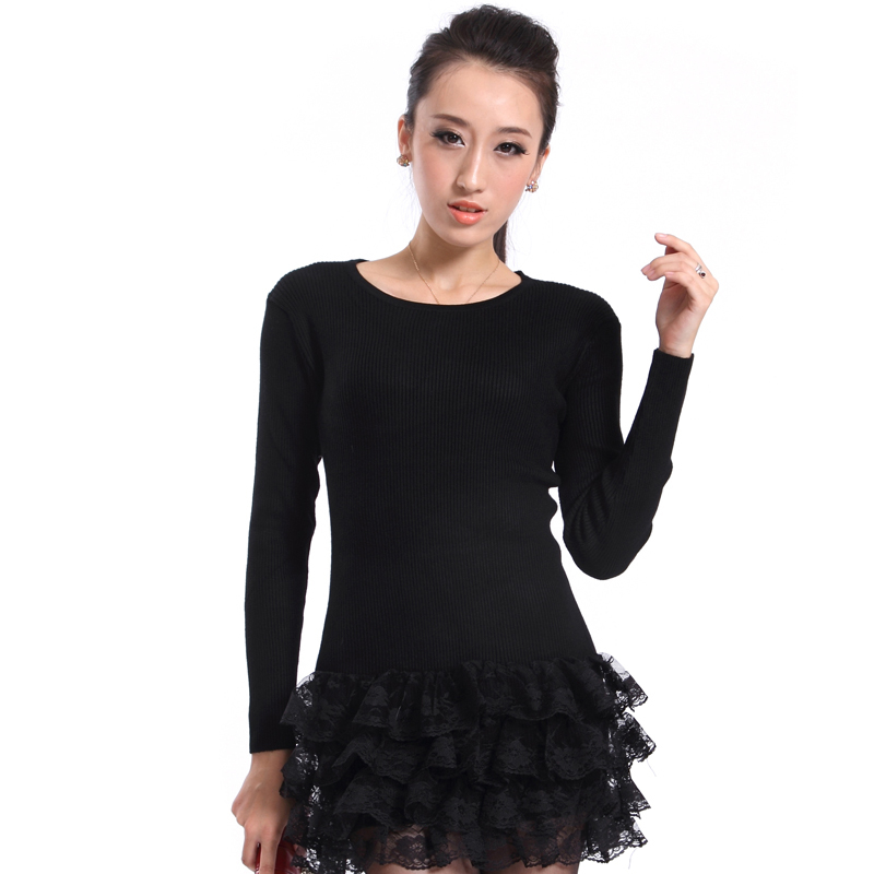 Clothing 2012 solid color black basic knitted lace skirt slim medium-long