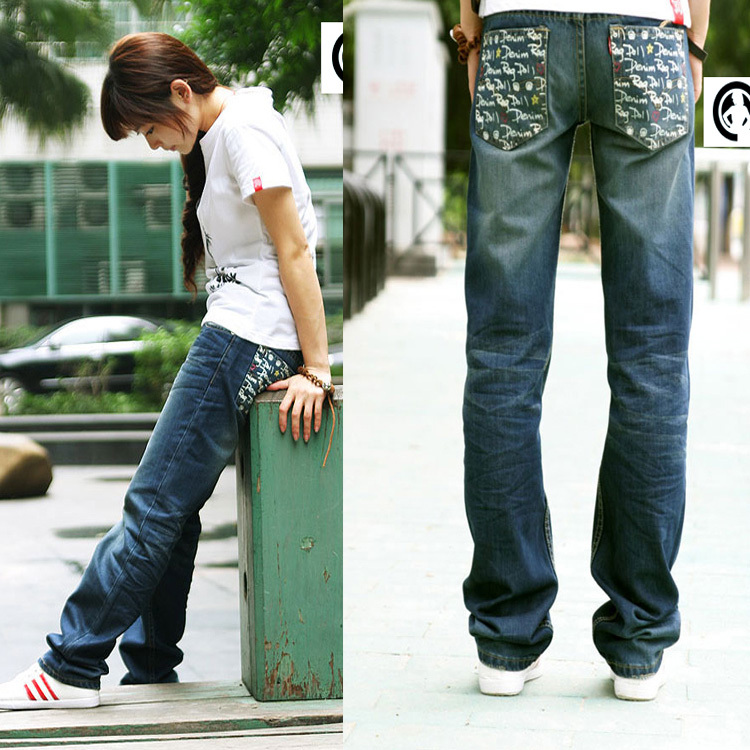 Clothing 2012 spring back pocket personalized letter print women's straight pants casual jeans