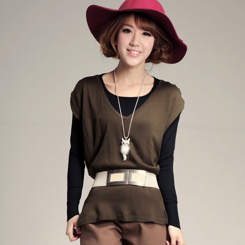 Clothing elegant slim waist women's pullover top twinset bat loose knitted basic shirt