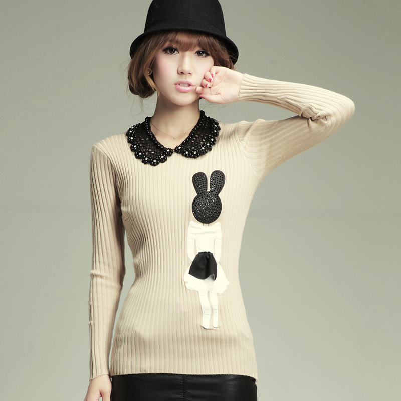 Clothing elegant sweet all-match diamond-studded low collar slim women's knitted basic shirt