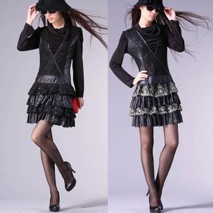 clothing for women 2012 autumn and winter women lace leather patchwork slim black basic long-sleeve one-piece dress