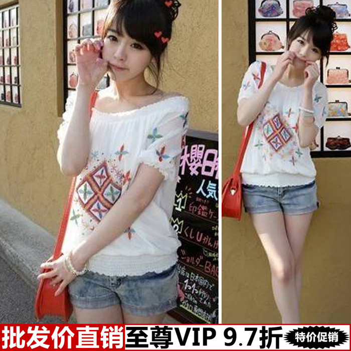 Clothing lh7b10097 guangzhou clothes fashion summer embroidery painting doll chiffon shirt