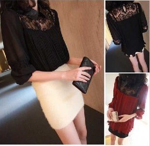 Clothing spring leather small lapel sexy black lace patchwork chiffon one-piece dress a11