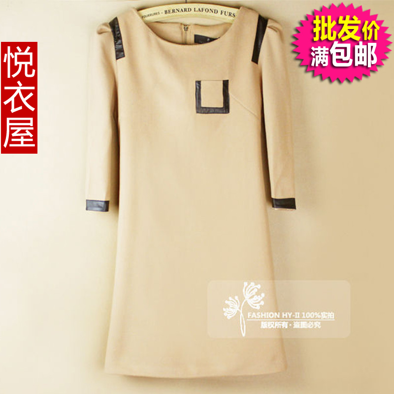 Clothing yq guangzhou clothes women's fashion leather pocket woolen material one-piece dress