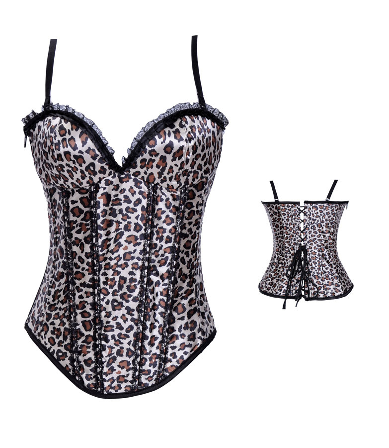 Club Clothing Sexy Lingerie lace up Leopard Basque Corset Bustier Thong S-2XL