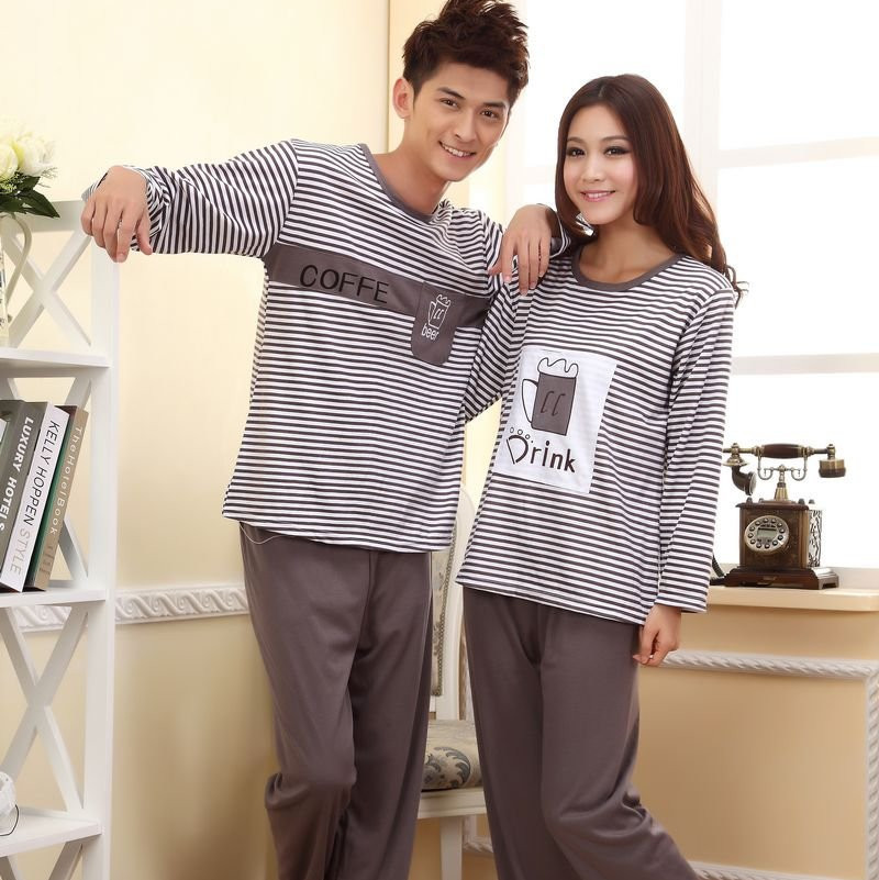 Coffee stripe lovers sleepwear female long-sleeve 100% cotton thickening set male lounge plus size