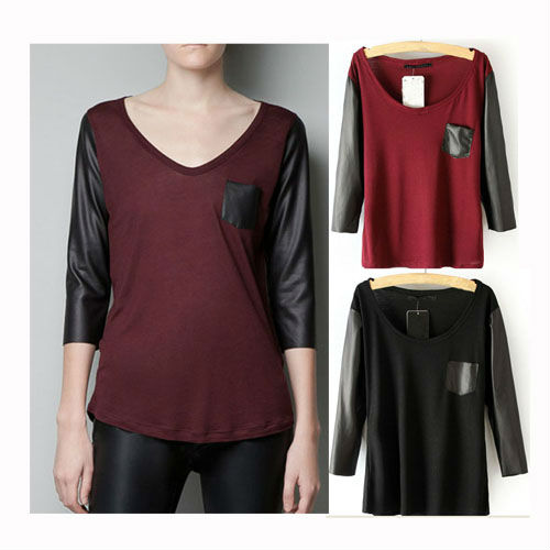 " Collar Chest PU Leather Pocket Seventh Sleeves Jumpers WF-3874 "