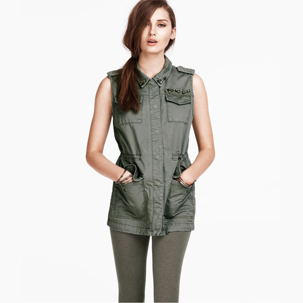 Collar pocket top diamond drawstring round the waist Army Green long design vest sleeveless outerwear vest hm6 full