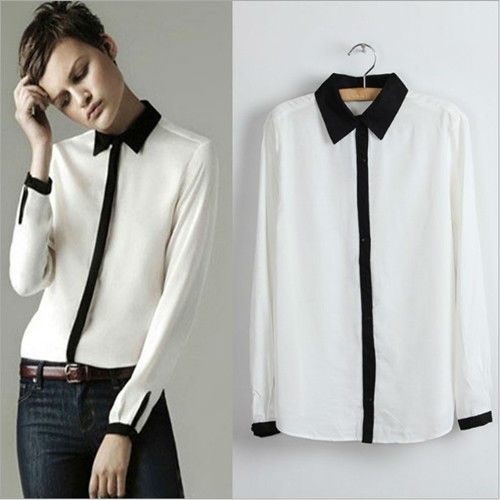 Color Block Contrast Collar Basic White Blouse Shirt TOP 0138#