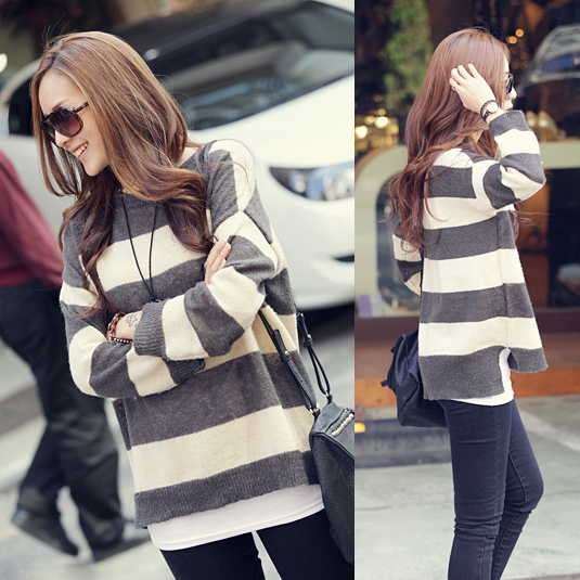 Color block decoration stripe pullover long-sleeve sweater 8091 free shipping