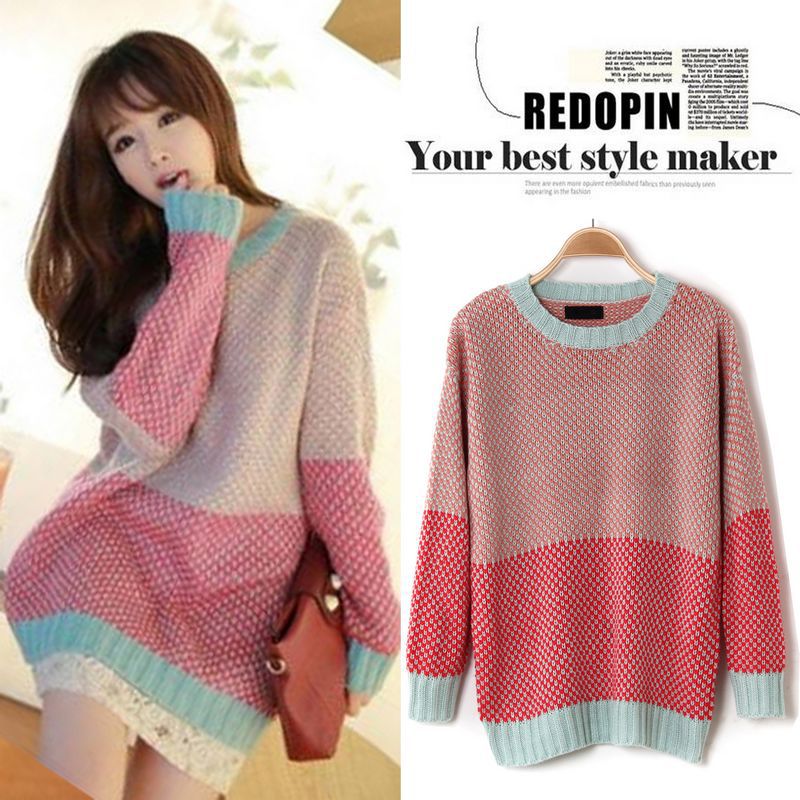 Color block decoration sweater sweet fashion all-match o-neck loose basic sweater women's 2066