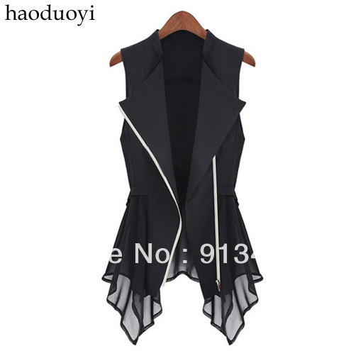 Color block zipper patchwork irregular sweep chiffon patchwork slim waist design excellent motorcycle vest