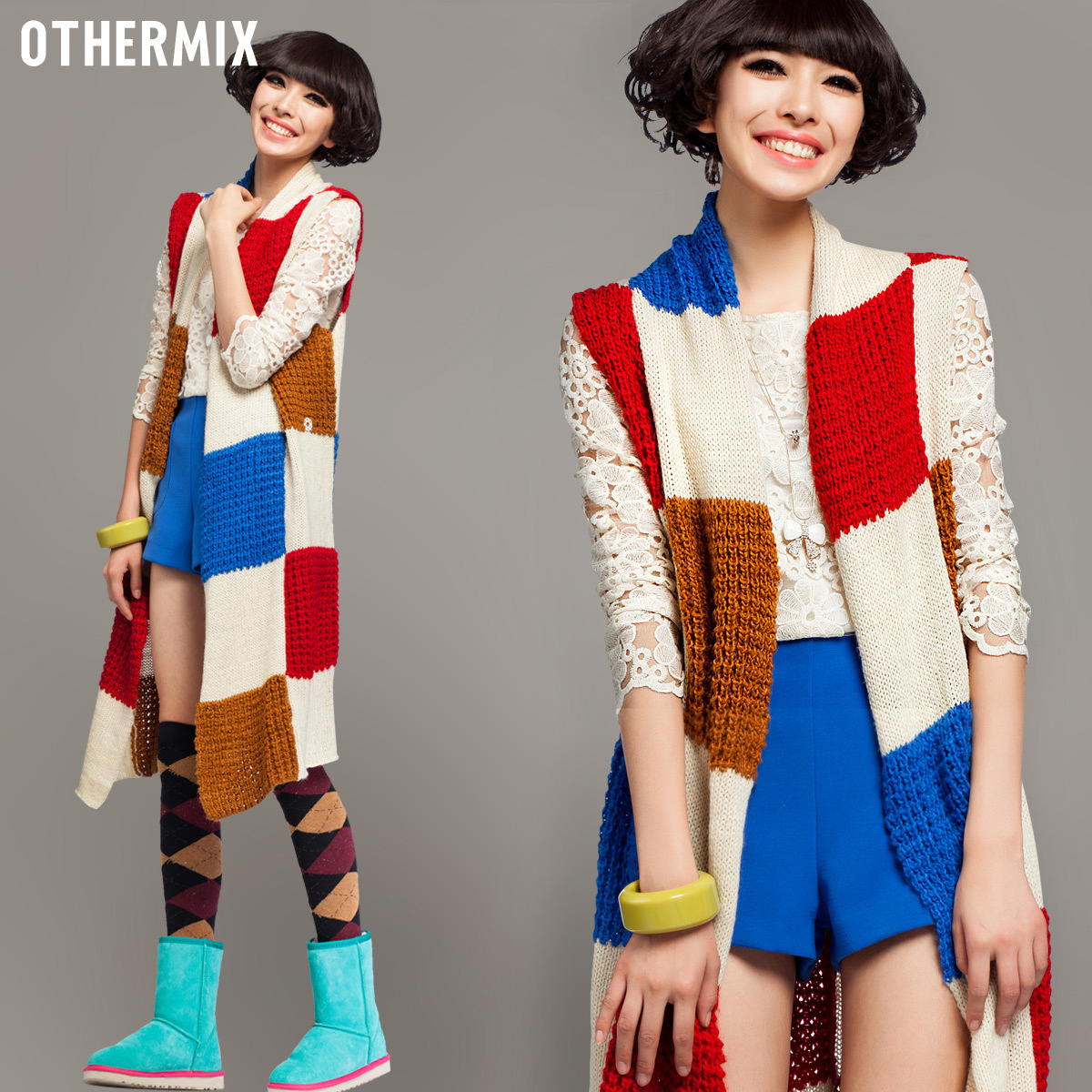 colorant match coarse knitting multiple sweater long vest female