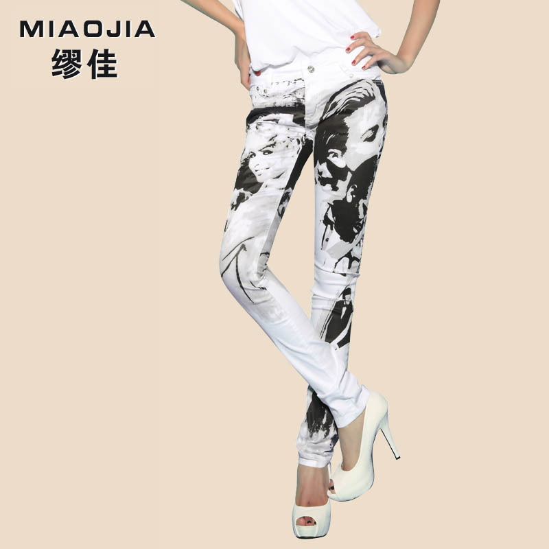 Colored drawing print colored pencil pants skinny pants thickening jeans candy color personality headcounts