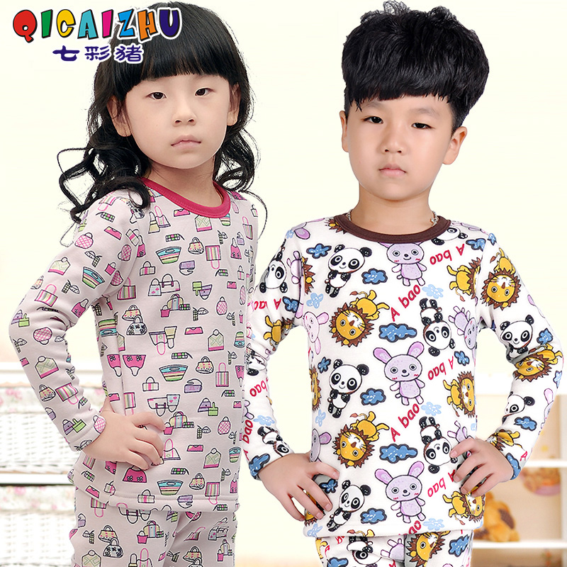 Colorful pig children's clothing 2012 cartoon graphic patterns thickening plus velvet child thermal underwear set f-5058