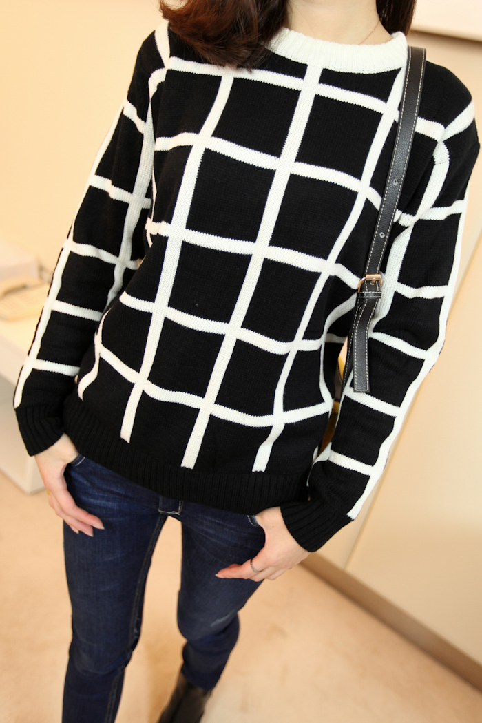 Colors Fashion Lady Women   2013 spring fashion square grid color block decoration sweater cool casual o-neck pullover sweater