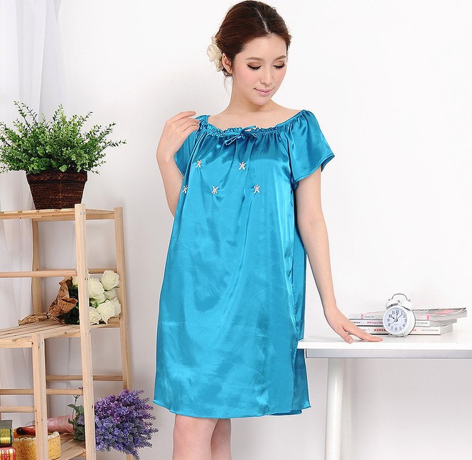 Contracted natural emulation silk nightgown tee collar thin of large size new pajamas