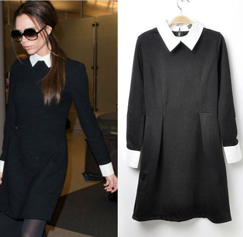 Contrast Collar Long Sleeve Slim Fit Black Dress S M L 3818