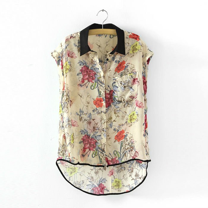 CONTRAST TRIM FLORAL PRINTS DIPPED HEM CHIFFON BLOUSE TOP MULTICOLOR S 3250