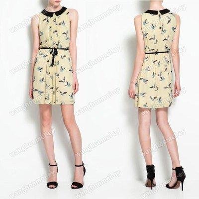 Contrasting Collar Chiffon Sleeveless Dress With Bird Print