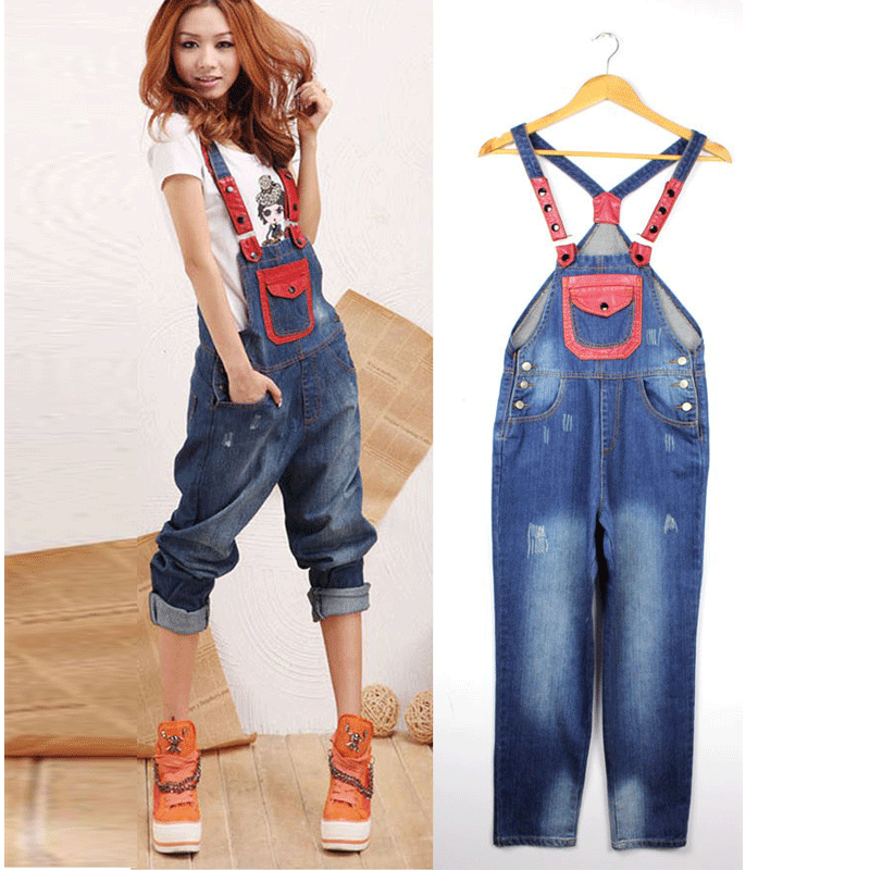 Cool bib pants female loose hole jeans jumpsuit d9932