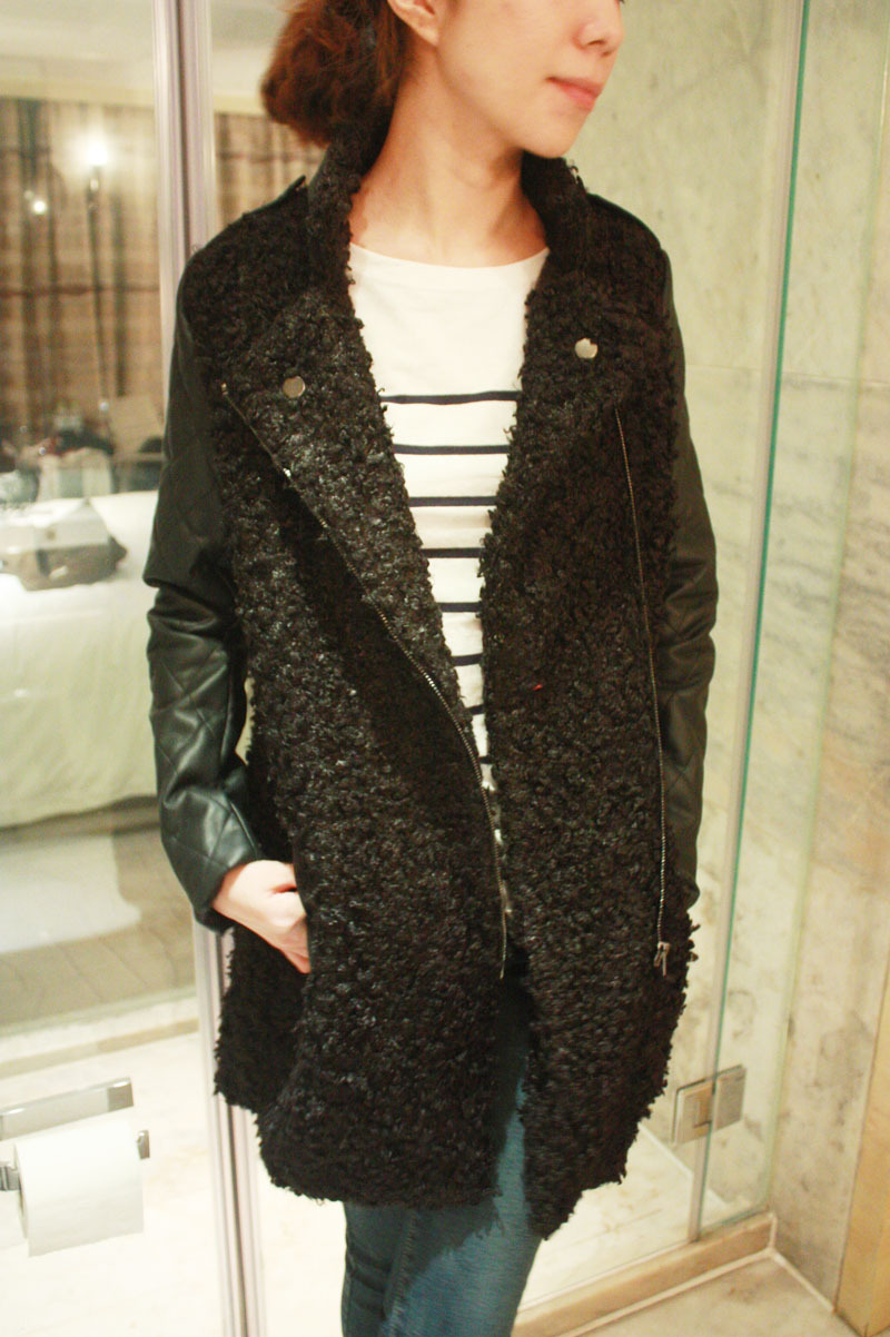 Cool black circle wool leather patchwork long thick outerwear