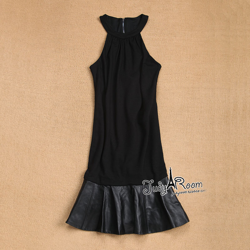 Cool black sweep genuine leather patchwork back zipper slim tank dress