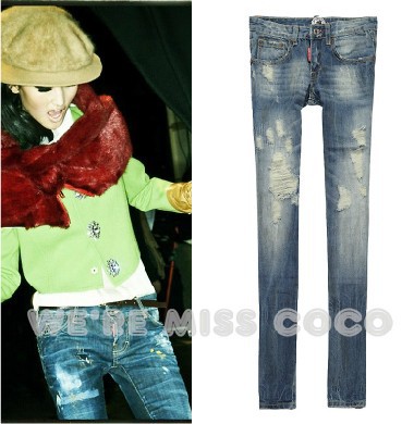 Cool Blue Frayed Do Old Processed Middle Rise Straight Skinny Jeans for Ladies Women