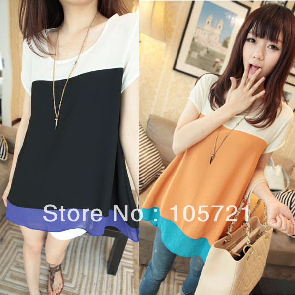 Cool Summer Women Elegant Color Matching 2 Styles Chiffon T shirt Loose Hem  CY0205