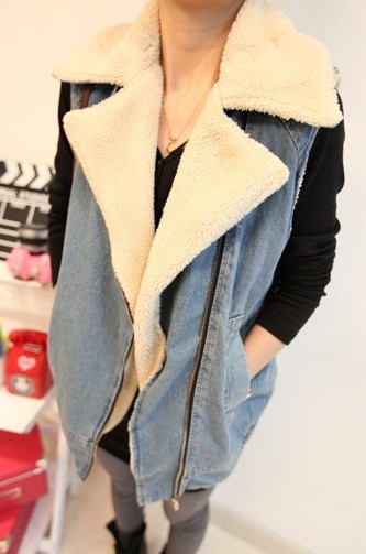 Cool zipper fresh all-match berber fleece large lapel denim vest outerwear