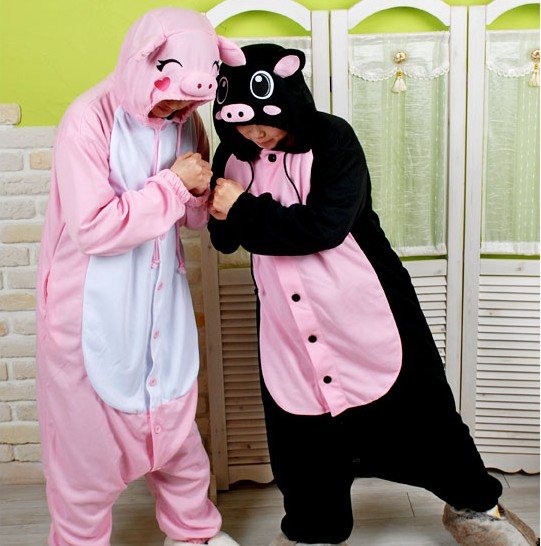 Coral Animal Pyjamas Pink Black Pig Cosplay Costume Winter Thick Footed Sleepwear KIGURUMI All in One Jumpsuit Couple Dress